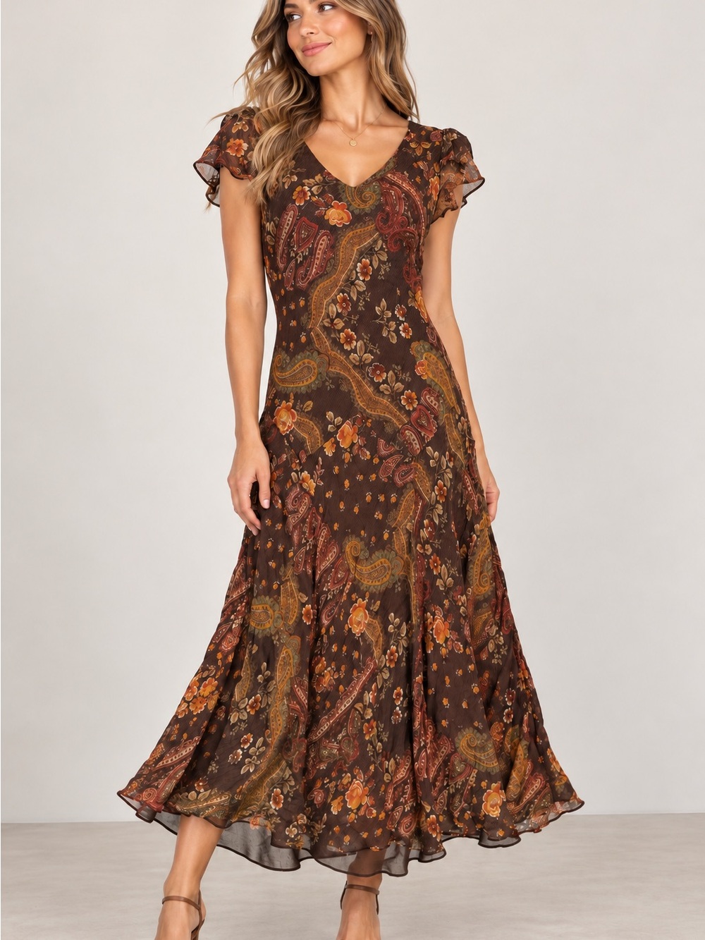 Charter Club 100% Silk Paisley Floral Maxi Dress Brown Boho Size 10